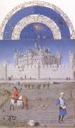 LIMBOURG brothers The medieval Louvre is in the background of the October calendar page (mk05) oil painting reproduction